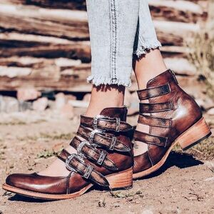 Freebird by Steven Scarlett Leather Western Boho Ankle Boots in Cognac Multi